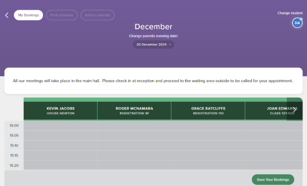 Screenshot of the parents' evening booking screen, displaying the 'Save Your Bookings' button in the bottom-right corner.